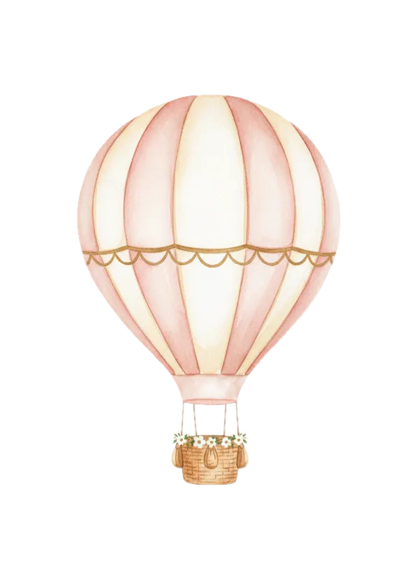 Globo aerostático rosa y dorado con una canasta adornada de flores