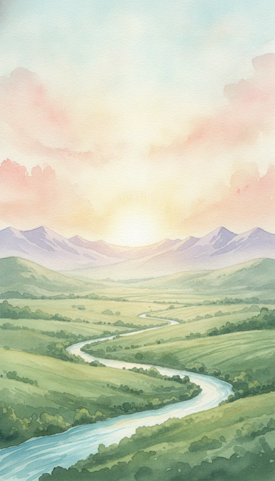 Valle verde al amanecer con un río, pintado en acuarela